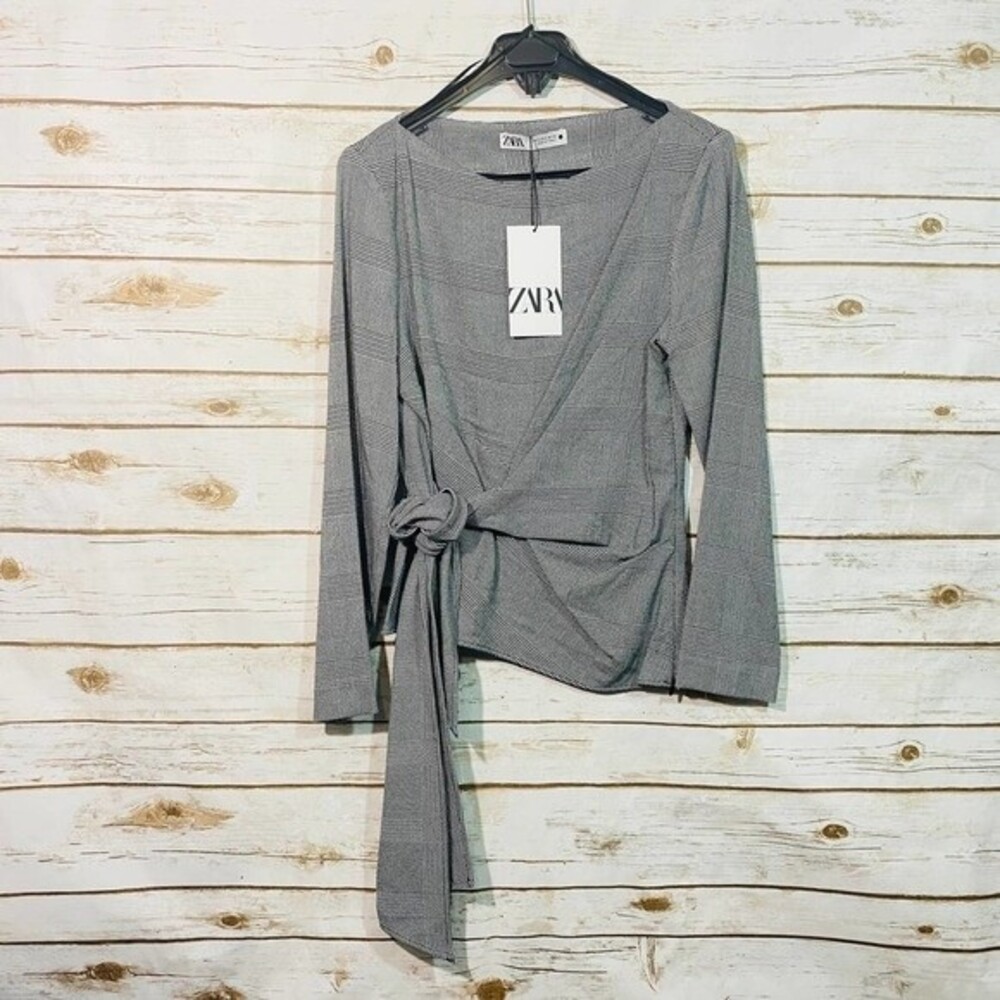 Zara Women's gray/black long sleeve tie side Blouse size S